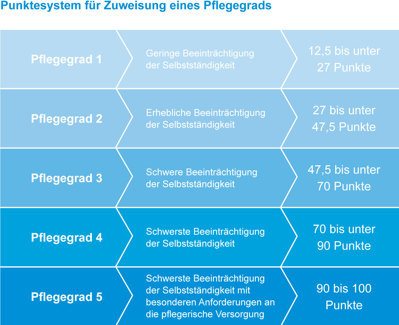 Punktesystem für die Zuweisung eines Pflegegrads mit fünf Pflegegraden und den jeweiligen Kriterien für die Selbstständigkeit.